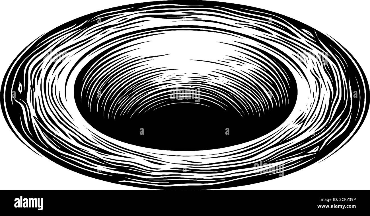 Abstraktes, wirbelndes schwarzes Loch-Design in Schwarz und weiß für kosmische Kunst. Stock Vektor