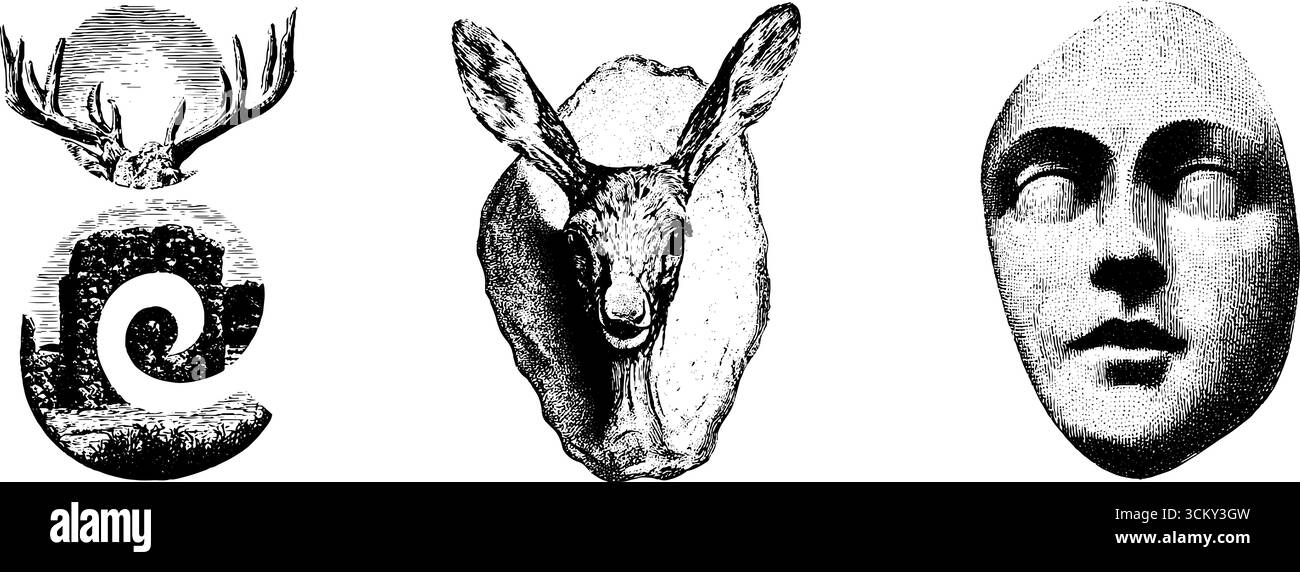 Alte nordische Symbole und Schnitzereien: Runensteinspiralen und Tiermotive. Stock Vektor