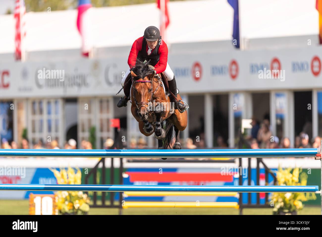 Pedro Pasquel aus Mexiko, der auf Chakkalou PS fährt, tritt im September in der ersten Runde des BMO Nations Cup 2025 während der Spruce Meadows „Masters“ an Stockfoto