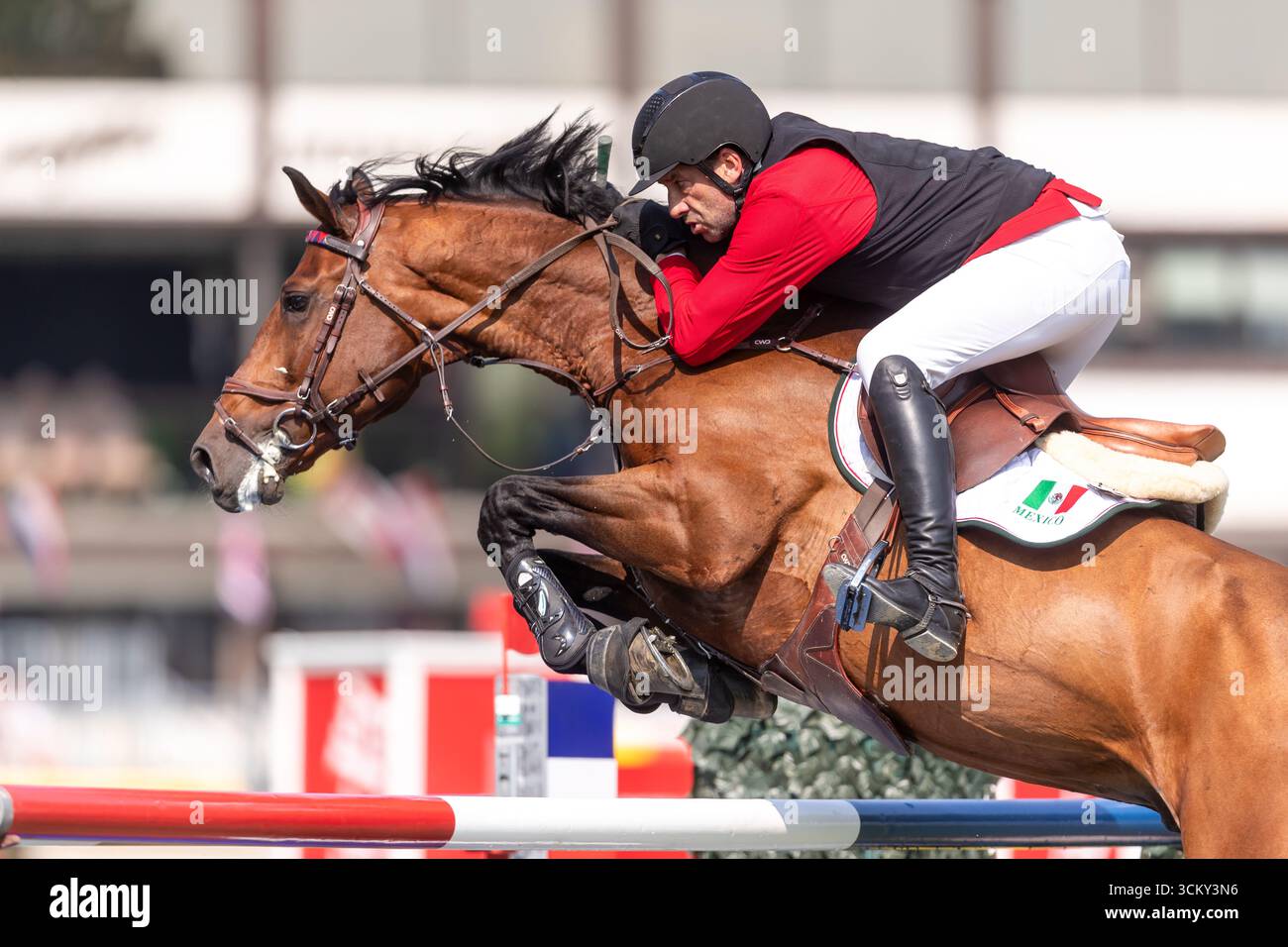 Pedro Pasquel aus Mexiko, der auf Chakkalou PS fährt, tritt im September in der ersten Runde des BMO Nations Cup 2025 während der Spruce Meadows „Masters“ an Stockfoto