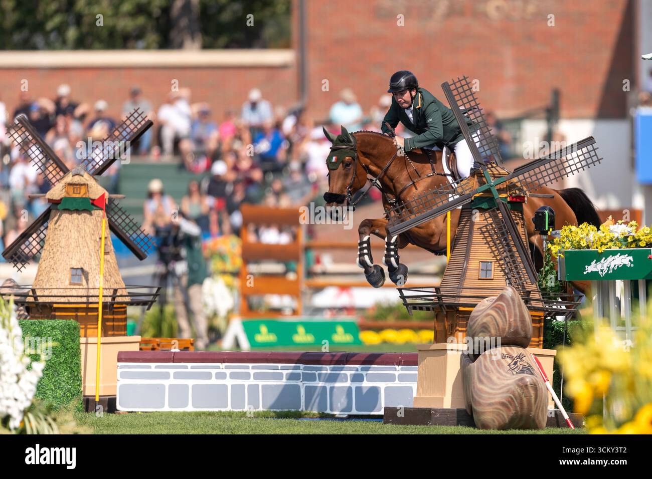 Jordan Coyle aus Irland, Reiten Chaccolino, tritt am 6. September in der ersten Runde des BMO Nations Cups 2025 während der Spruce Meadows „Masters“ an Stockfoto