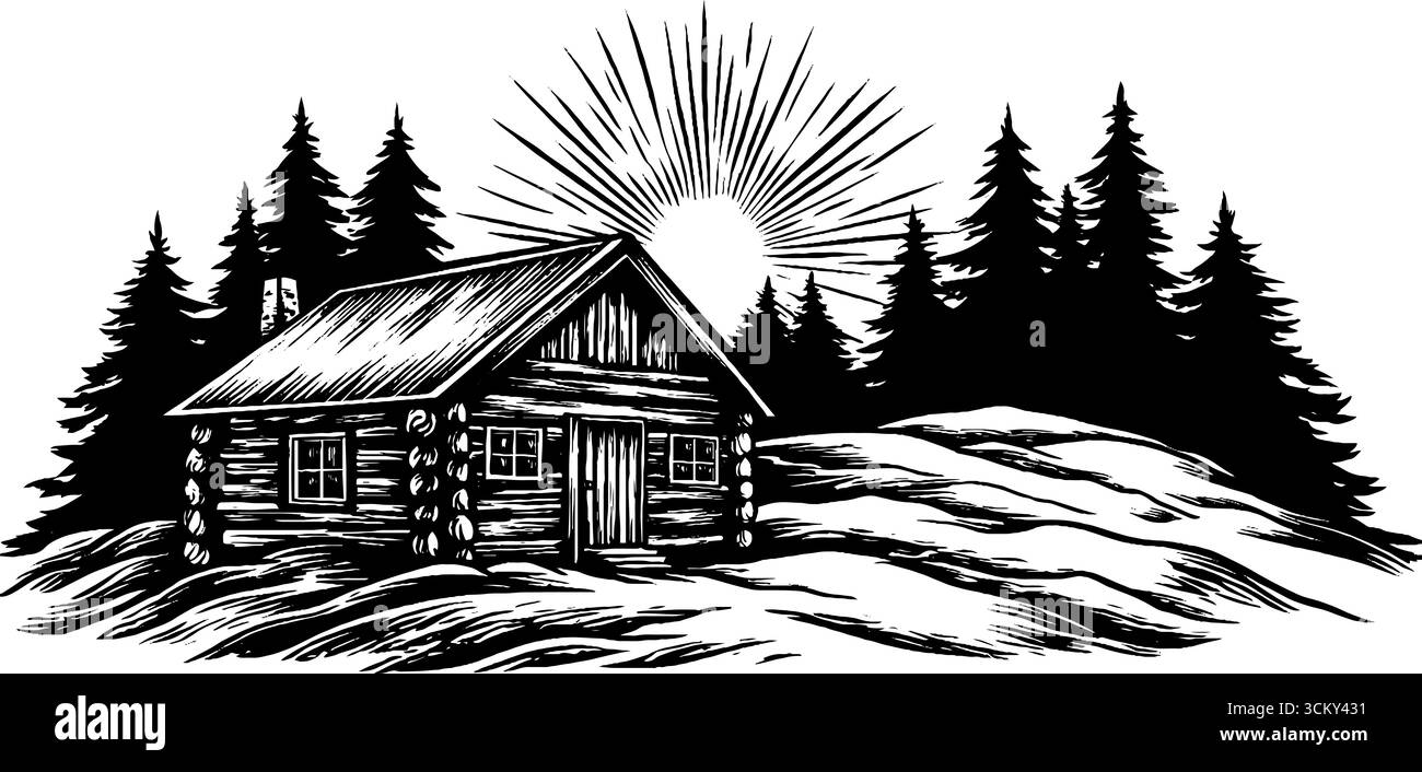 Ruhige, schneebedeckte Hütte inmitten von Wald in Schwarz-weiß. Stock Vektor