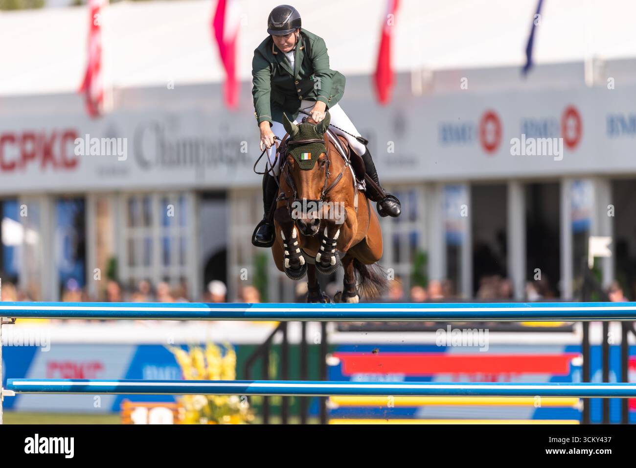 Jordan Coyle aus Irland, Reiten Chaccolino, tritt am 6. September in der ersten Runde des BMO Nations Cups 2025 während der Spruce Meadows „Masters“ an Stockfoto