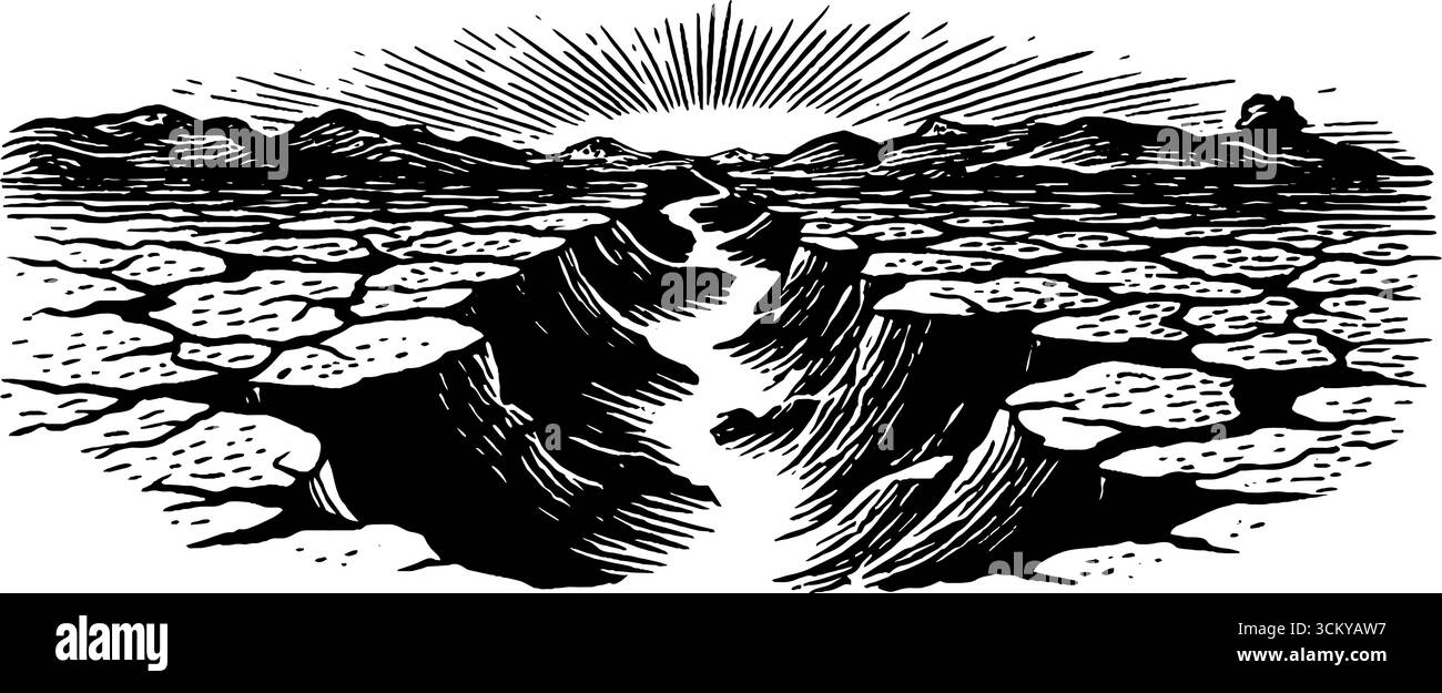 Dramatische Landschaft aus zerrissener Erde und verzweigtem Weg in Schwarz-weiß-Design für Naturschutzthemen. Stock Vektor