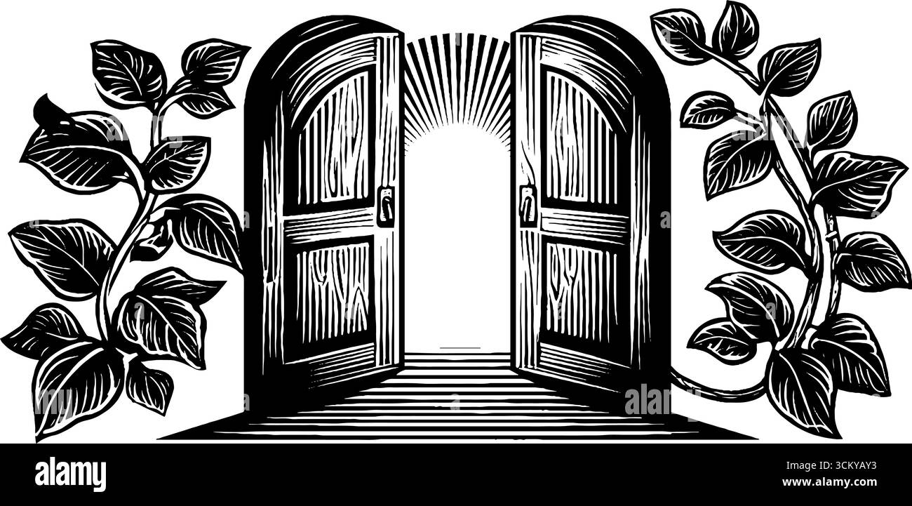 Geheimnisvolle Türen öffnen sich zum Licht mit Weinstöcken in Schwarz-weiß-Illustration. Stock Vektor