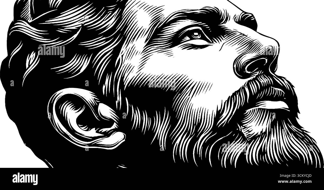 Kontemplative Profilkunst in Schwarz-weiß mit melancholischem Ausdruck. Stock Vektor