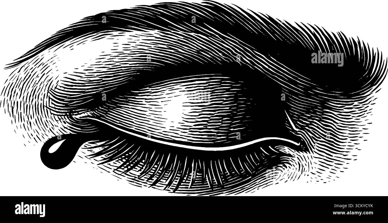 Emotionaler Ausdruck: Geschlossenes Auge mit Tropfen und geschwungenen Wimpern in schwarzem Design für Kunst. Stock Vektor