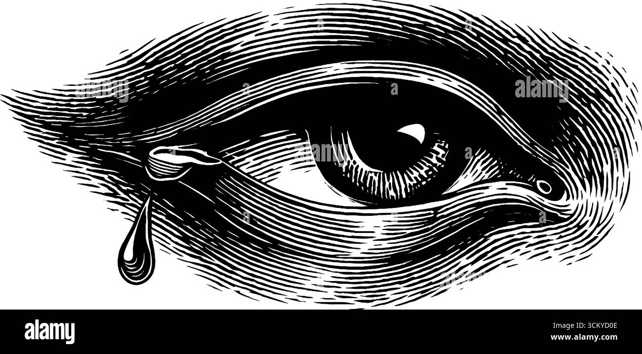 Emotionaler Ausdruck eines einzelnen Tränens aus einem geschlossenen Auge in Schwarz-weiß-Kunstwerken. Stock Vektor