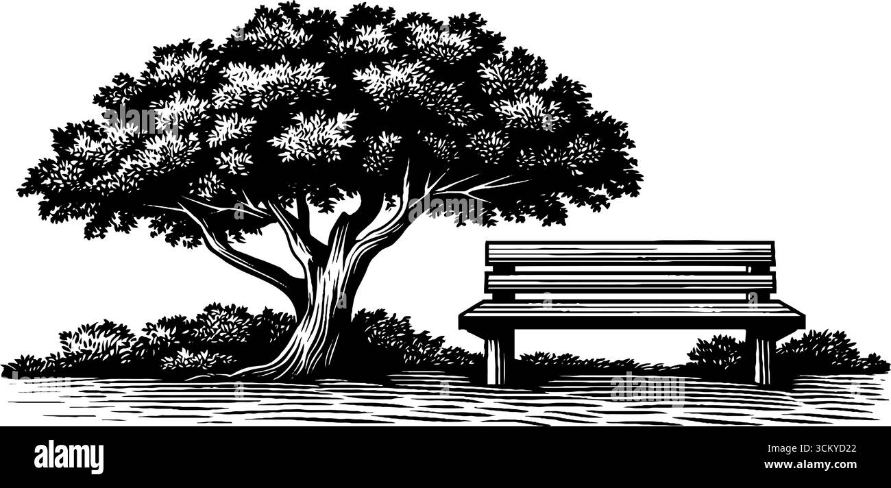 Ruhige Outdoor-Szene mit Bank und Baum im schwarz-weißen Holzschnitt-Stil. Stock Vektor