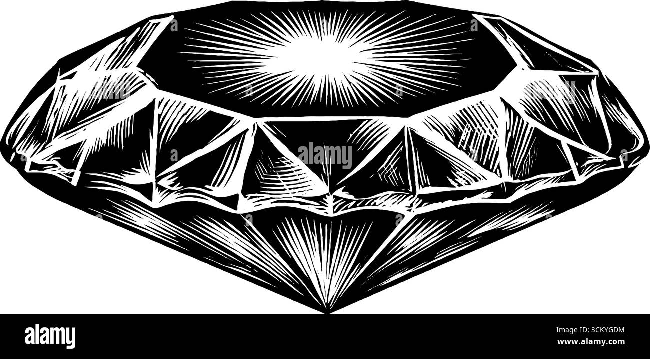 Detaillierte Schwarz-weiß-Illustration des sechseckigen, facettierten Smaragddesigns. Stock Vektor
