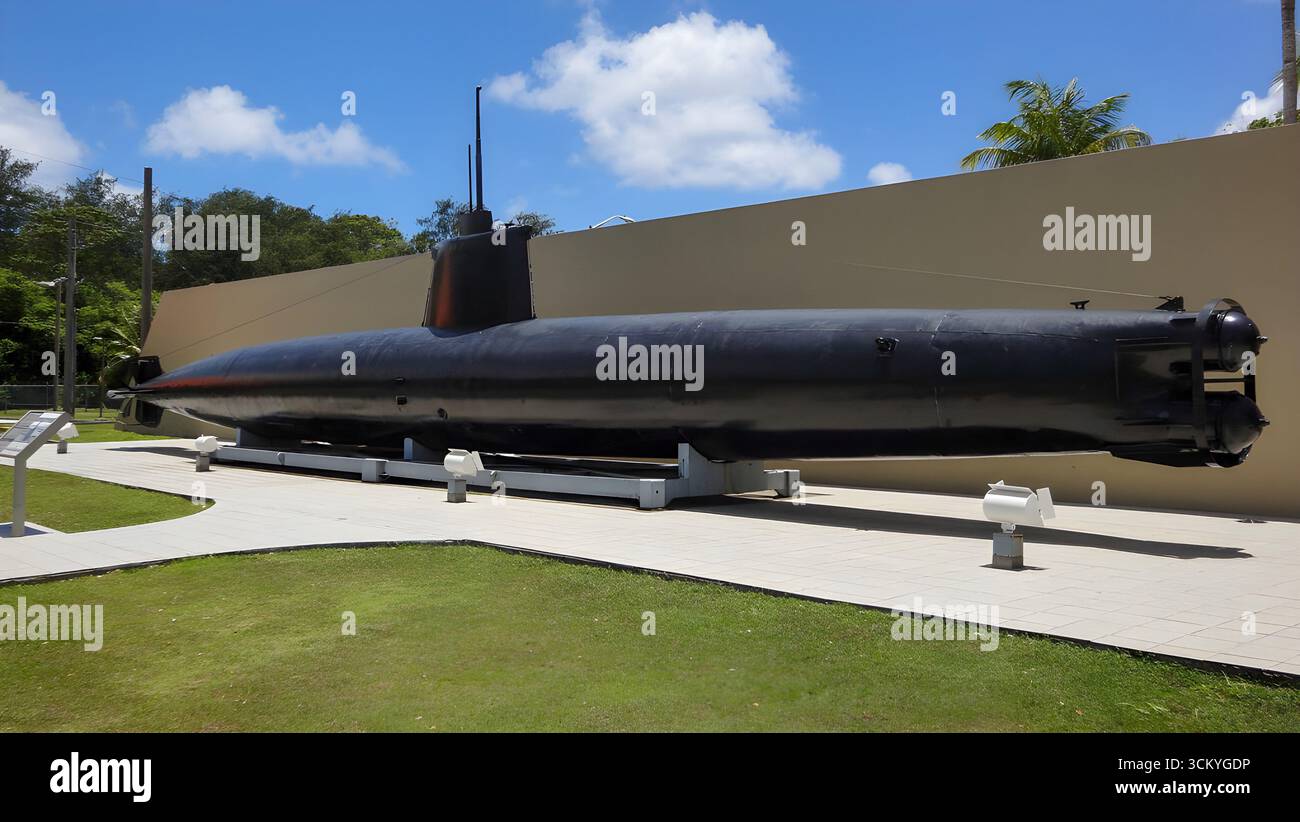 Ein kleines U-Boot im T. Stell Newman Visitor Center in Guam, Teil des Krieges im Pacific National Historical Park. Stockfoto Ein kleines U-Boot im T. Stell Newman Visitor Center in Guam, Teil des Krieges im Pacific National Historical Park. Stockfoto