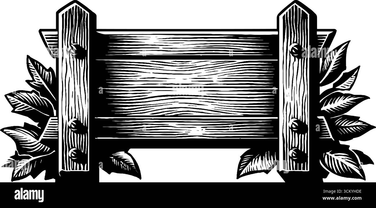 Rustikale Holzfalle mit Scharnieren und Blattschatten. Stock Vektor