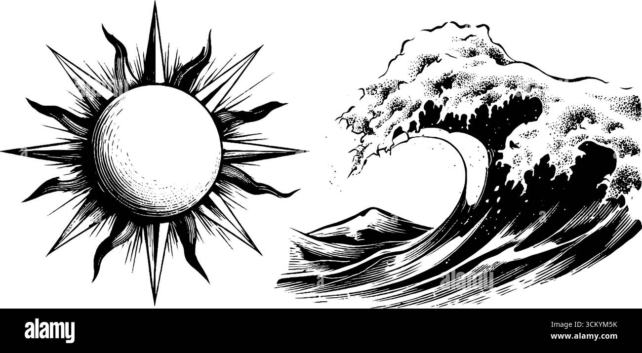 Psychedelische Sonnen- und Meereswellen-Skizze für Retro-Design. Stock Vektor