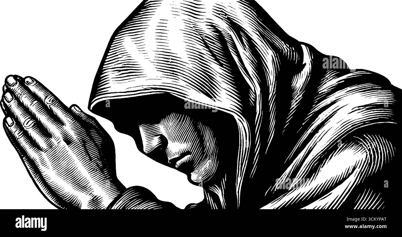 Kontemplativer Mönch mit Kapuze im Gebetsdesign in Schwarz und weiß. Stock Vektor