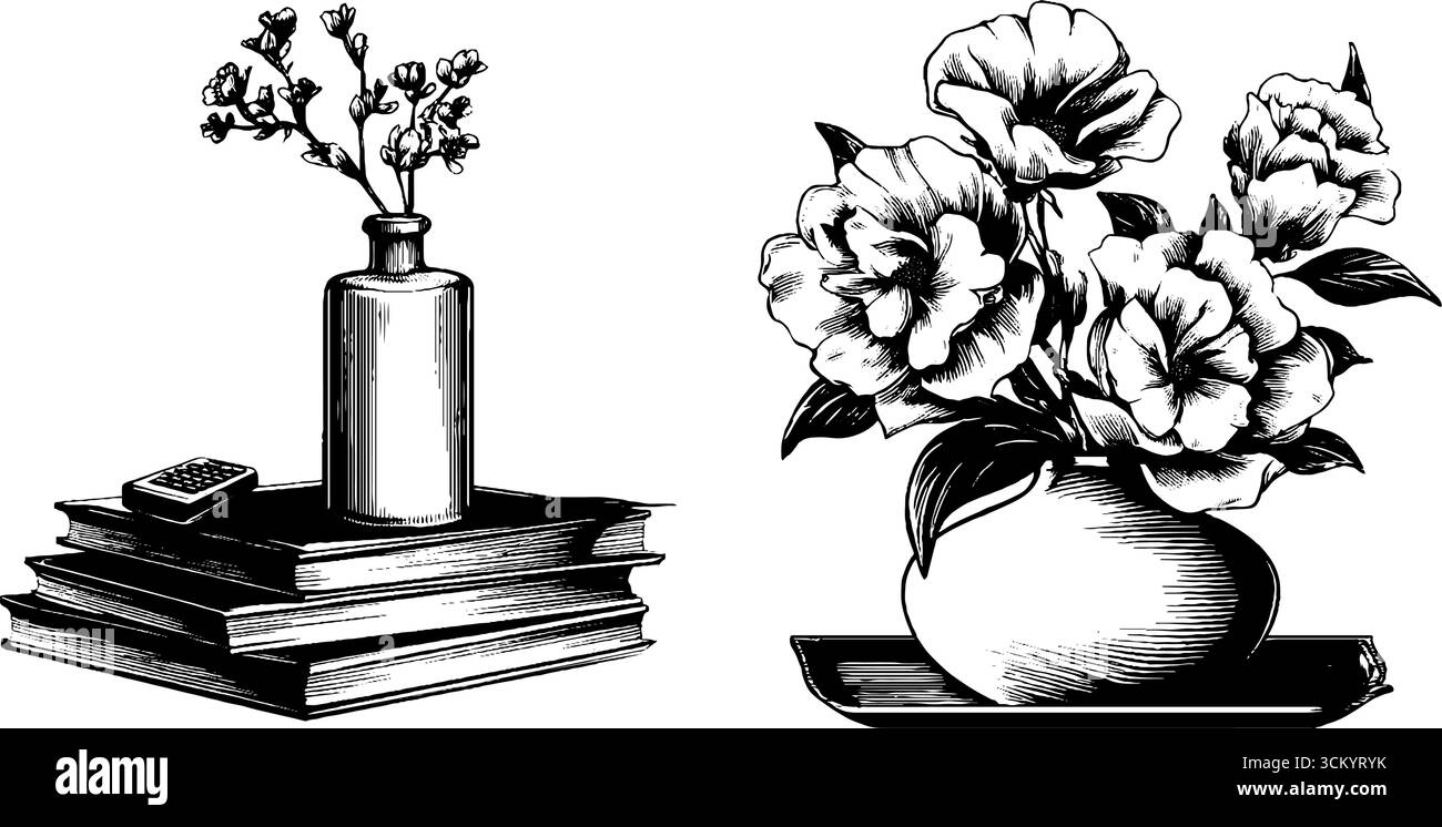 Vintage-Zeitschriften mit Duftkerzen und Blumenarrangements im Retro-Stil. Stock Vektor