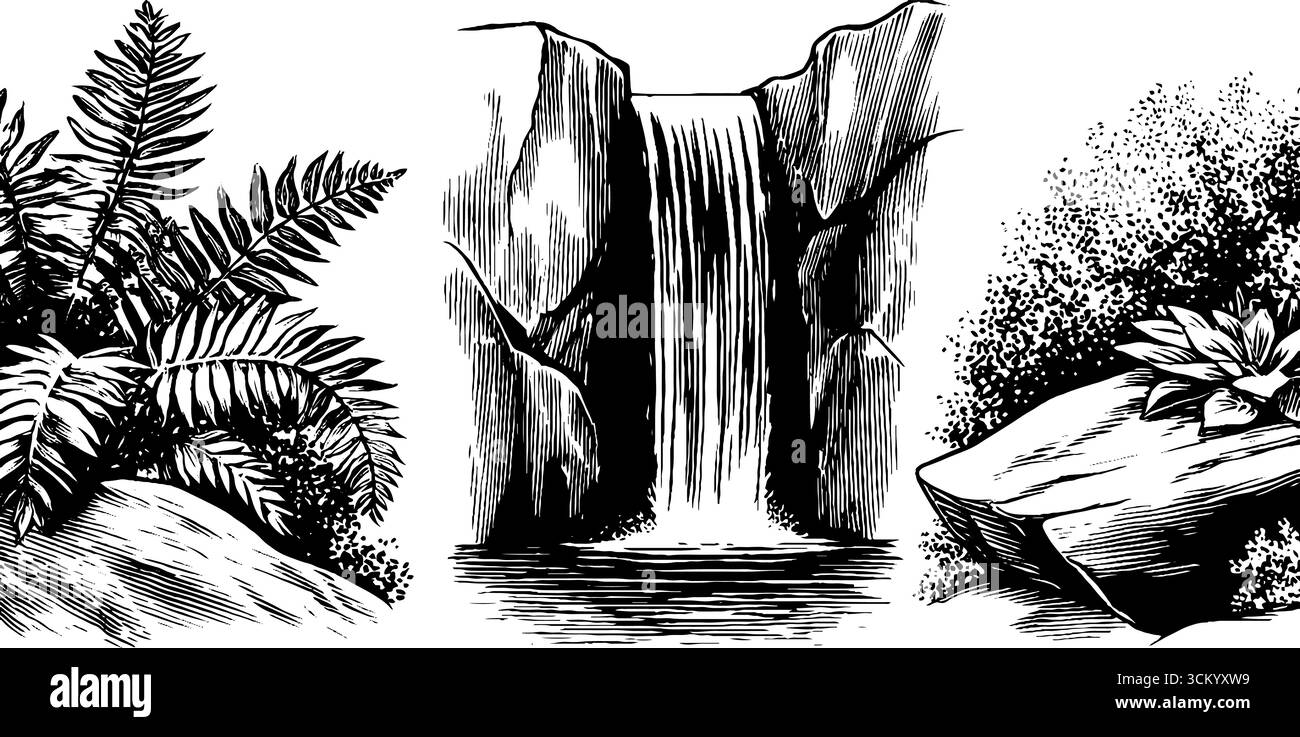 Versteckter Wasserfall mit Schieferpool und Farnen für Naturkunst und Design. Stock Vektor