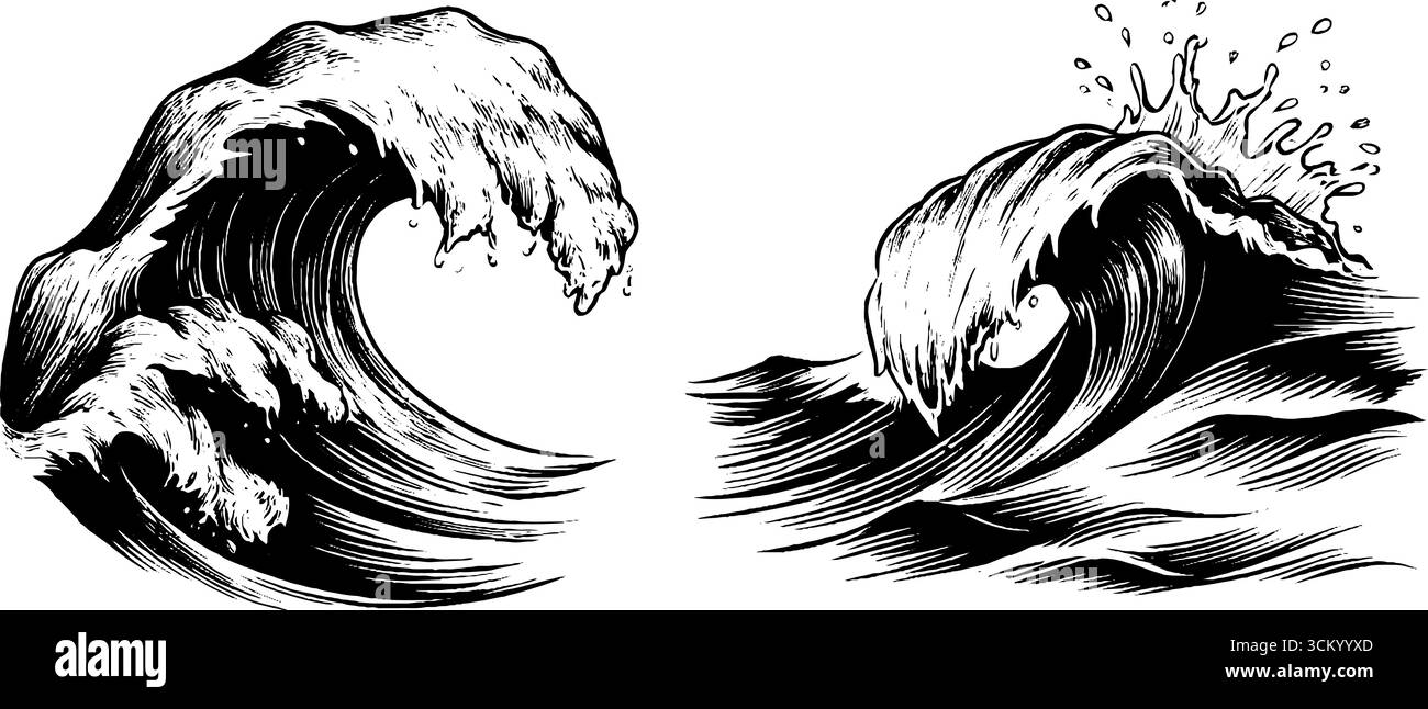 Künstlerische Wellen-Illustrationen mit Locken und stilisierten Tropfen. Stock Vektor