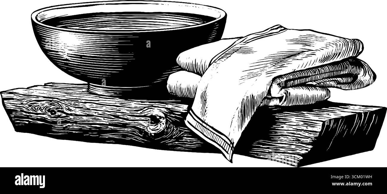 Steinwaschbecken und rohes Holz im Wabi Sabi-Stil für rustikale Inneneinrichtung. Stock Vektor