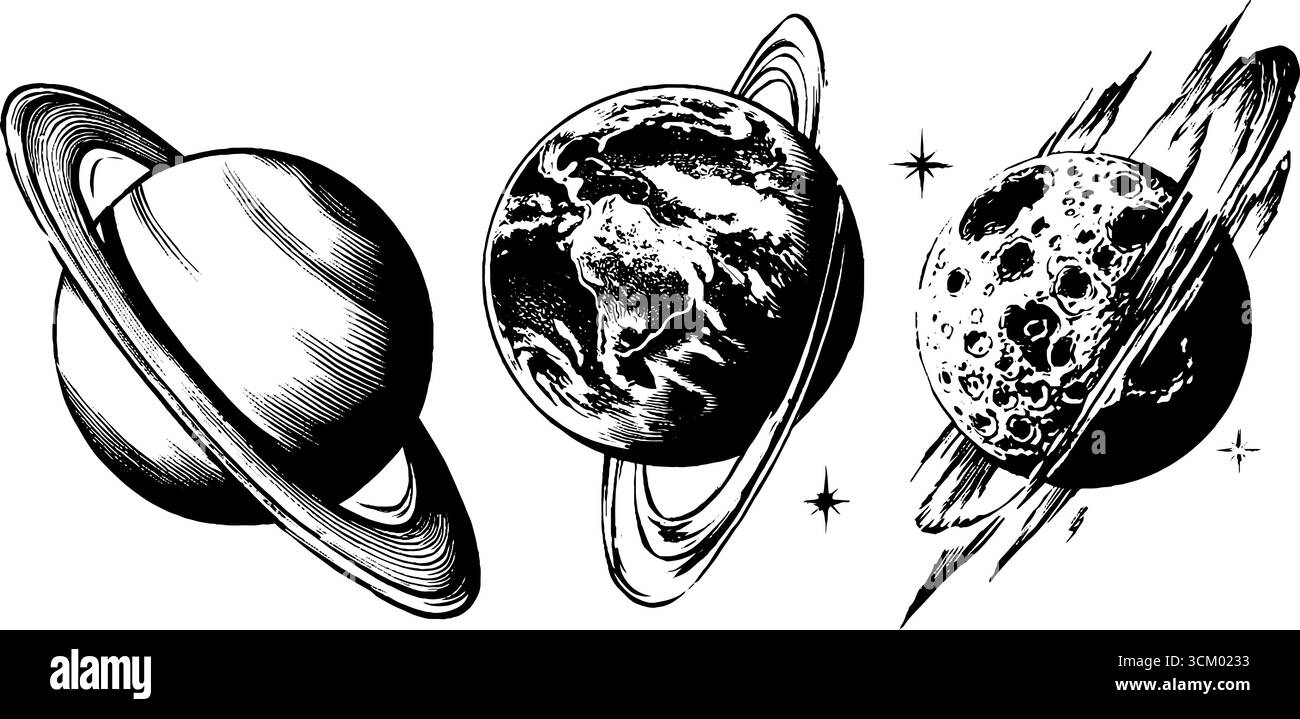 Himmelskörper und Umlaufbahnen in Vintage-handgezeichneter Silhouettenkunst für Plakate und Etiketten. Stock Vektor Himmelskörper und Umlaufbahnen in Vintage-handgezeichneter Silhouettenkunst für Plakate und Etiketten. Stock Vektor