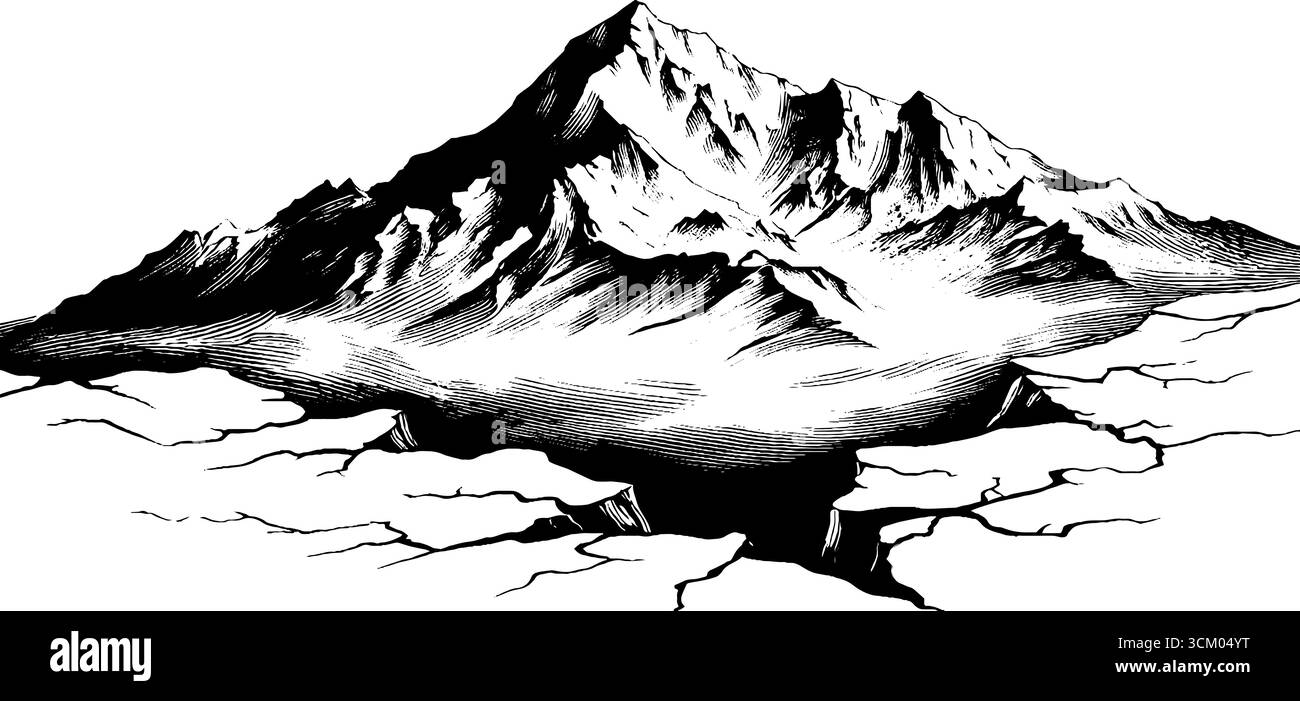 Vintage handgezeichneter Berggipfel und felsiges Gelände für Poster und Drucke. Stock Vektor