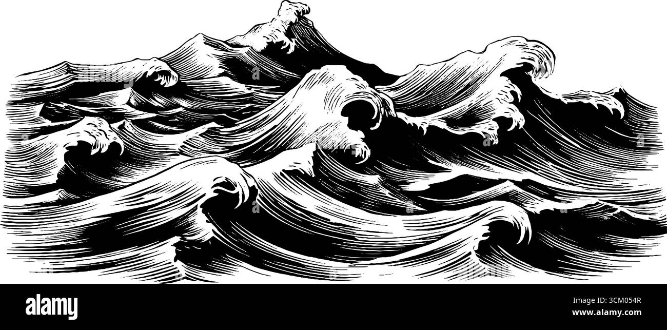 Schwarz-weißes Ocean Wave-Banner-Design für maritimes Retro-Design. Stock Vektor