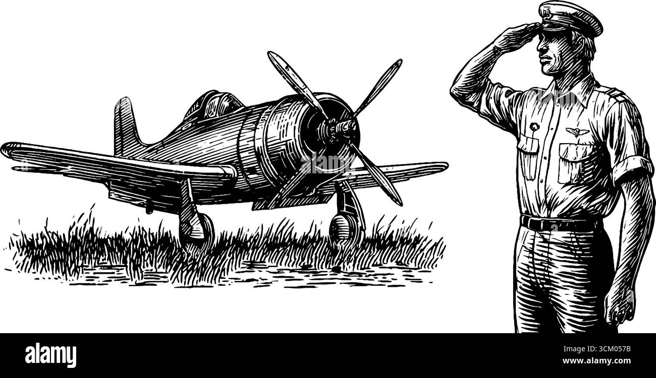 Vintage-Piloten, die neben dem klassischen Propellerflugzeug grüßen. Stock Vektor