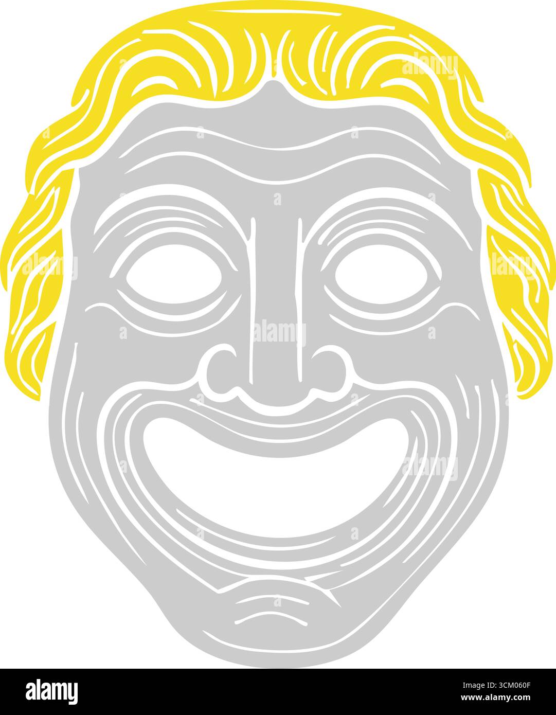 Ein klassisch geformtes Gesicht mit einem breiten Lächeln und fließenden gelben Haarlinien, die Schauspiel- und Performancekunst darstellen Stock Vektor