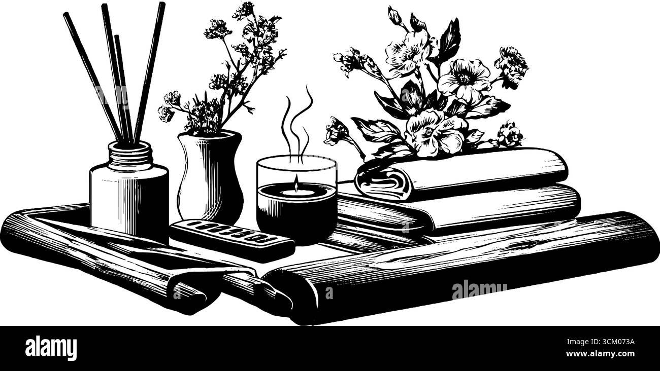 Gemütliche Entspannungsstimmung mit gestapelten Zeitschriften, Duftkerzen und aromatischen Dekorationselementen für eine ruhige Atmosphäre. Stock Vektor