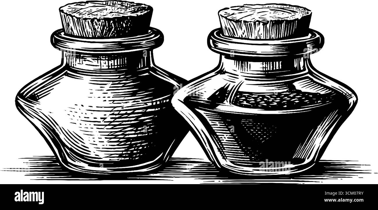 Vintage Badesalzgläser mit Korkdeckel - Retro-Design in Schwarz und weiß. Stock Vektor