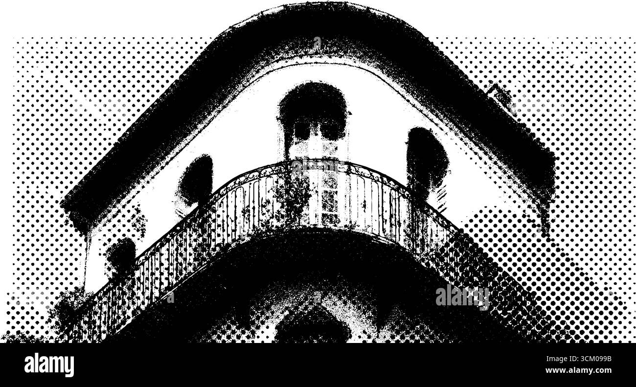 Vintage-architektonische Fassade mit Balkonen im Halbtonstil für Retro-Kunstdesigns. Stock Vektor