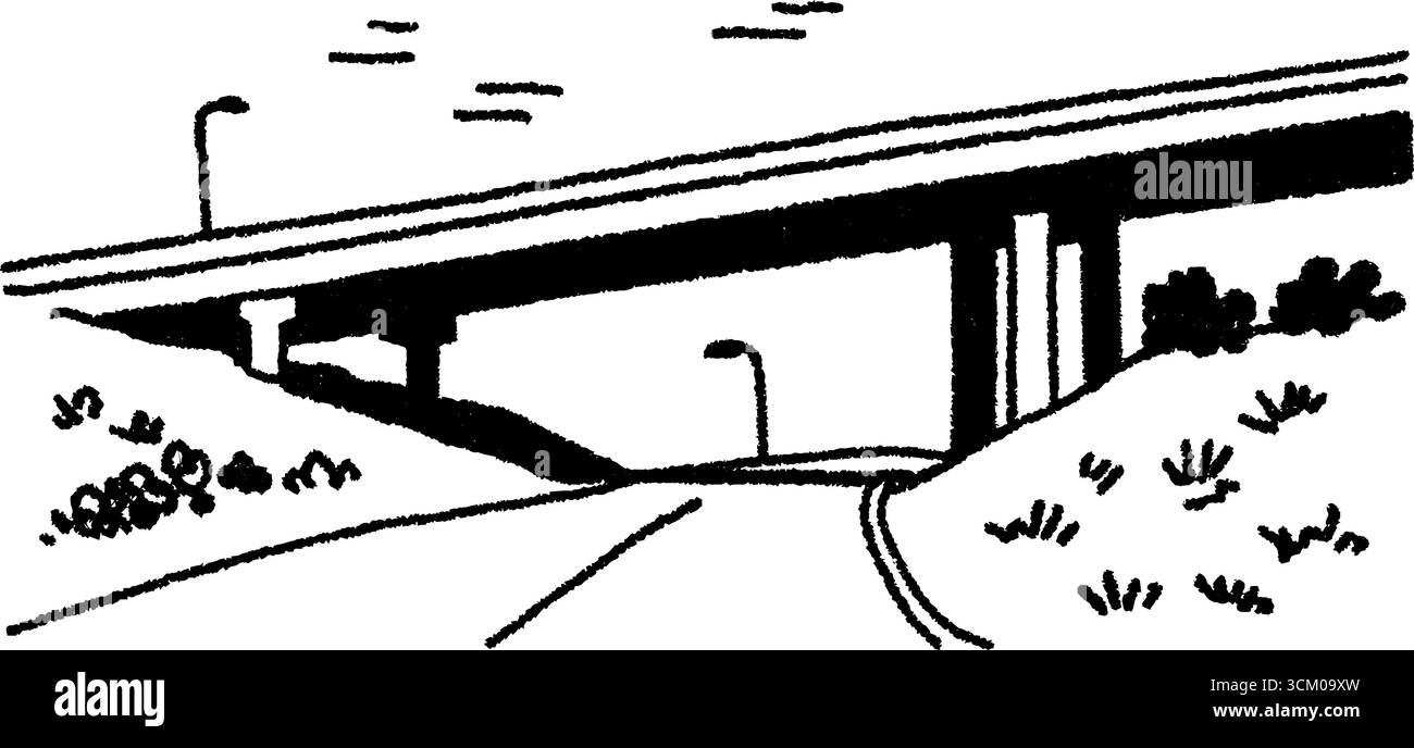 Schwarz-weiße Skizze der Überführung, die Schatten auf der Straße wirft. Stock Vektor