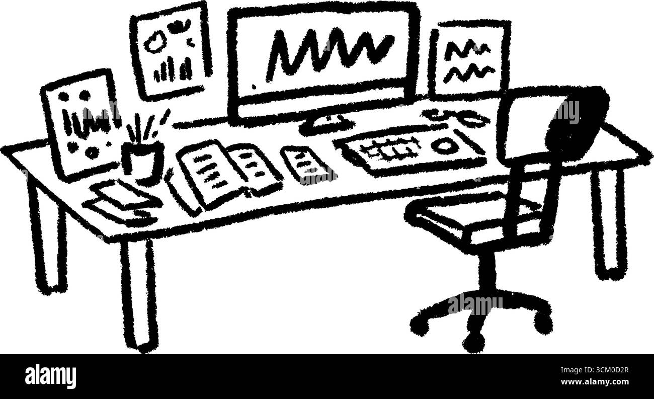 Kreative Skizze eines Schreibtisches eines Datenwissenschaftlers mit Diagrammen und technologischen Elementen. Stock Vektor