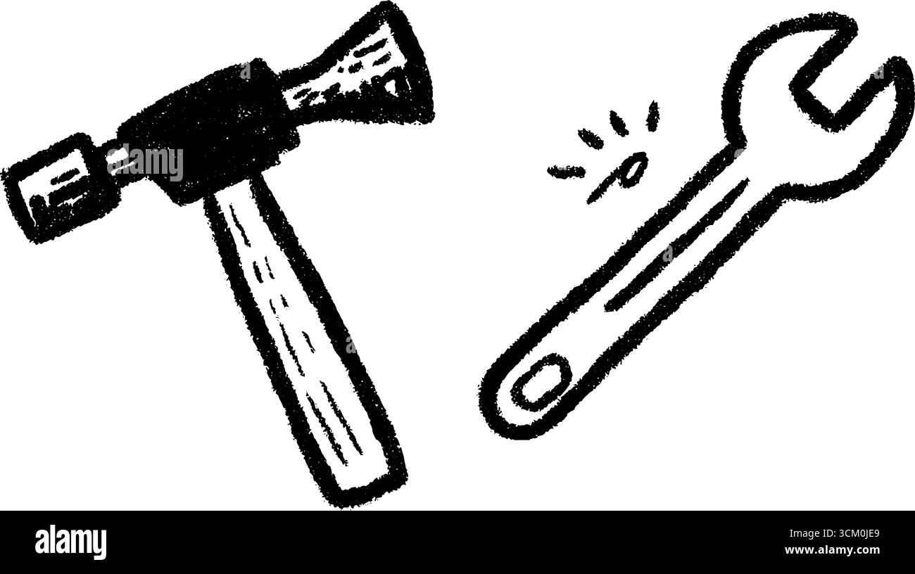 Skizzen für Kinderspielzeug mit Hammer und Schraubenschlüssel. Stock Vektor