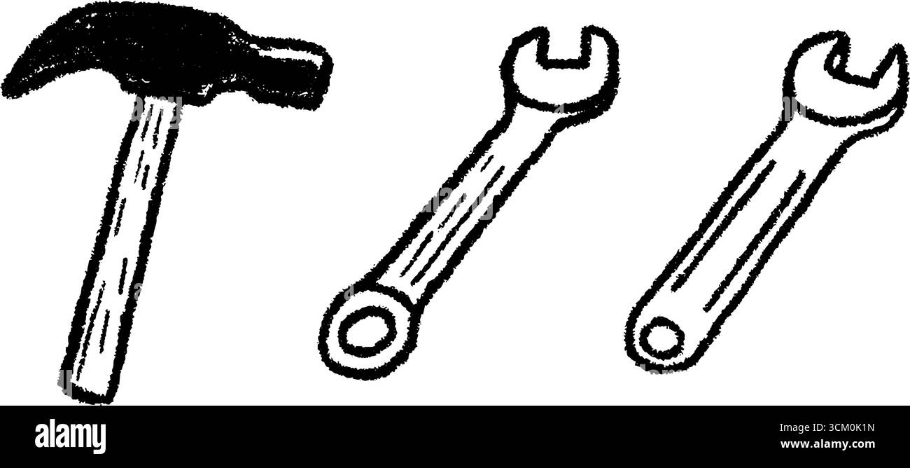 Handgezeichnete Skizze des Spielzeugwerkzeugsets mit Hammer und Schraubenschlüssel für kreative Designprojekte. Stock Vektor