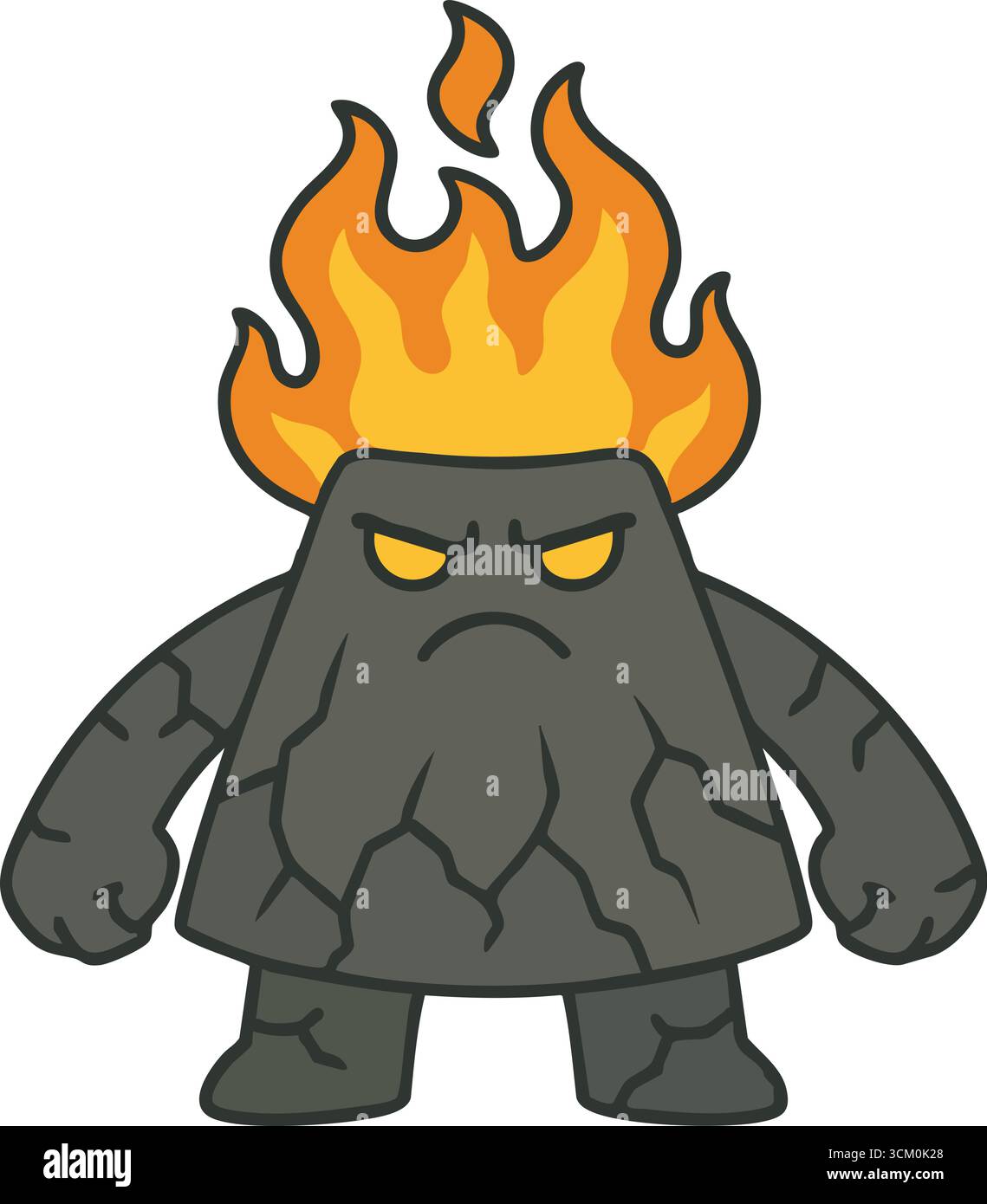 Eine zerklüftete Steinkreatur mit einem zerrissenen Felskörper und einer Flamme für Haare, die mit intensiven gelben Augen anstarren Stock Vektor