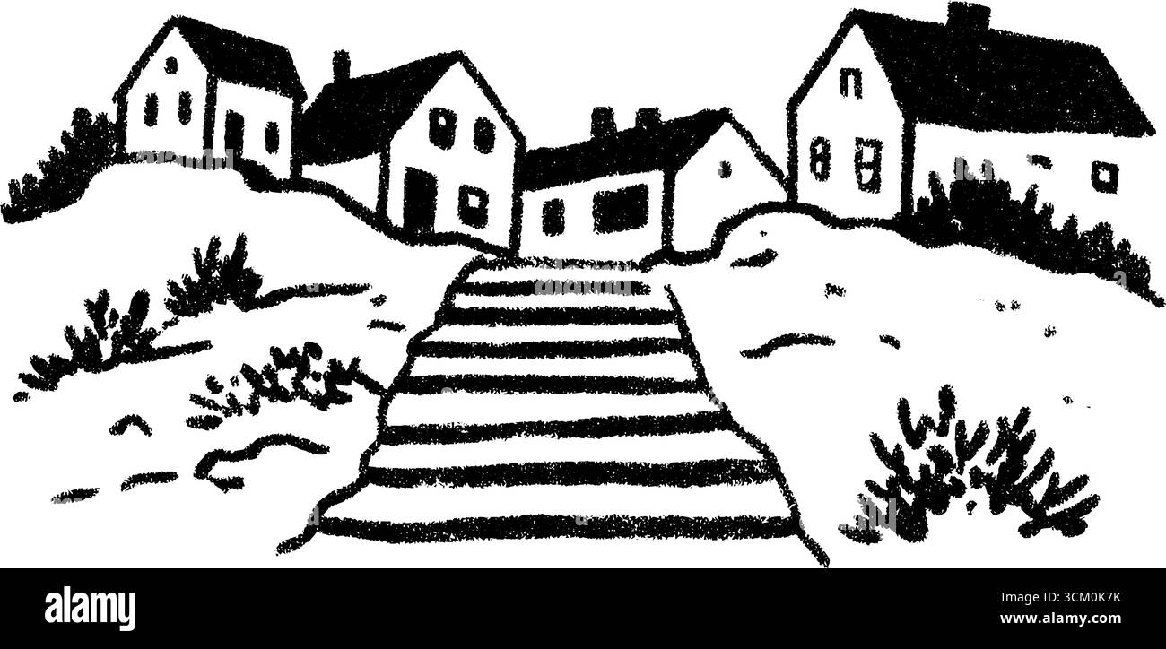 Städtische Treppe Straßenskizze mit Häusern auf einem Hügel. Stock Vektor