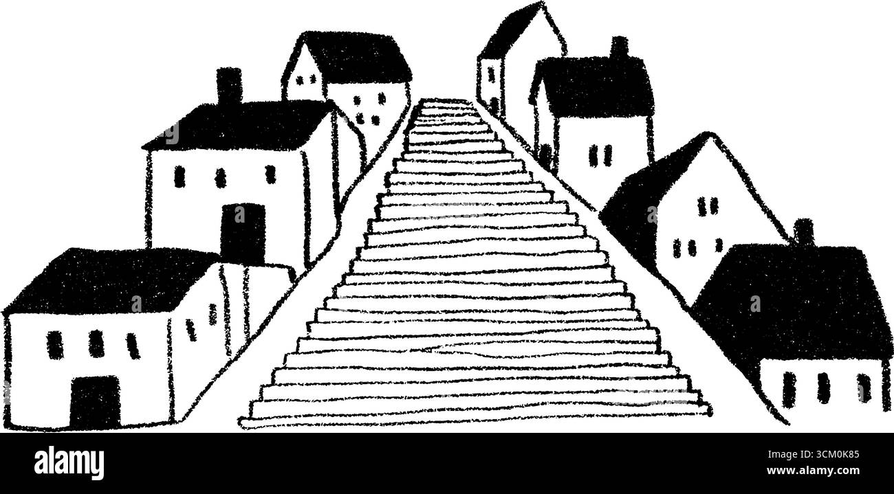 Handgezeichnete Skizze einer Treppenstraße, die bergauf führt, mit Häusern, die auf jeder Seite gesäumt sind. Stock Vektor
