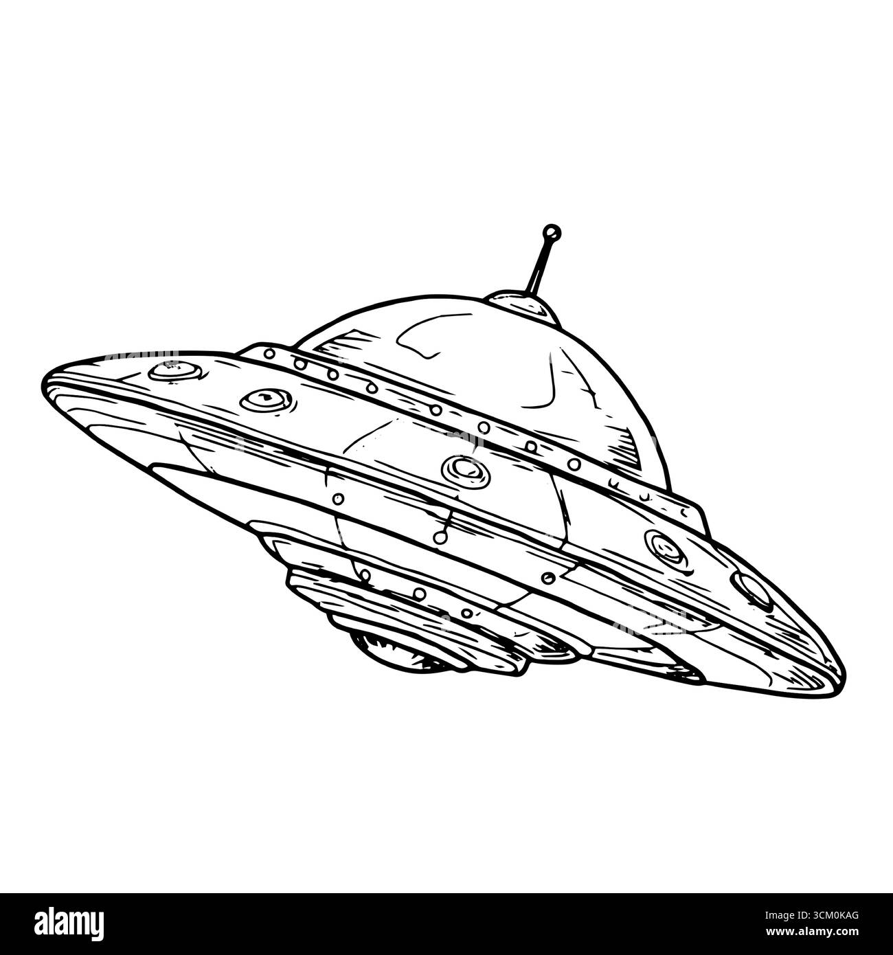 Ein Spielzeug-Raumschiff mit Antenne, schwarz-weiße Tinte. Vektorabbildung. Fliegendes Spielzeug für Kinder, UFO, isoliert auf weißem Hintergrund. Für Post Stock Vektor