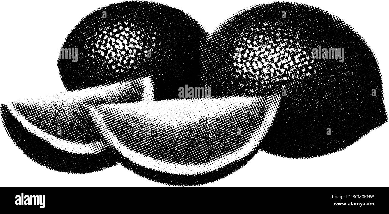 Vintage-Kitsch-Mittelstück mit Fake-Frucht-Halbtonmuster für Retro-Dekor. Stock Vektor