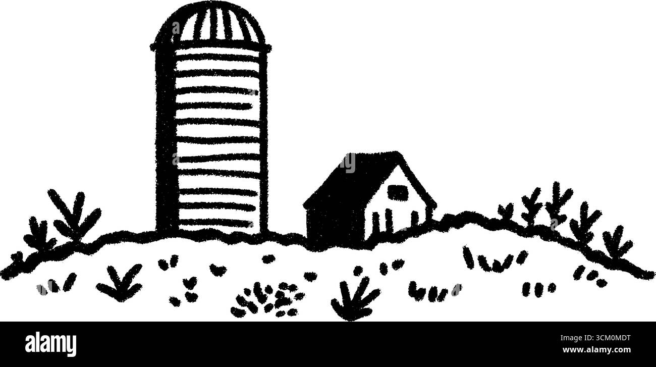 Rustikale Bauernszene mit Holzsilo und offenen Feldern. Stock Vektor