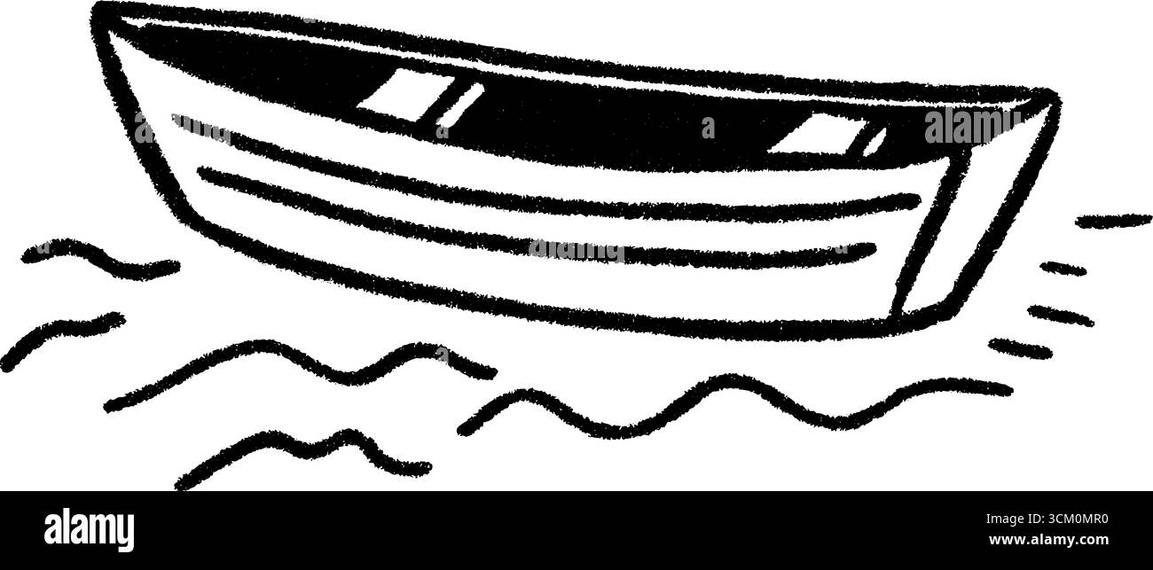 Handgezeichnete Skizze eines Spielzeugbootes, das auf dem Wasser schwimmt, mit Buntstift-Textur. Stock Vektor