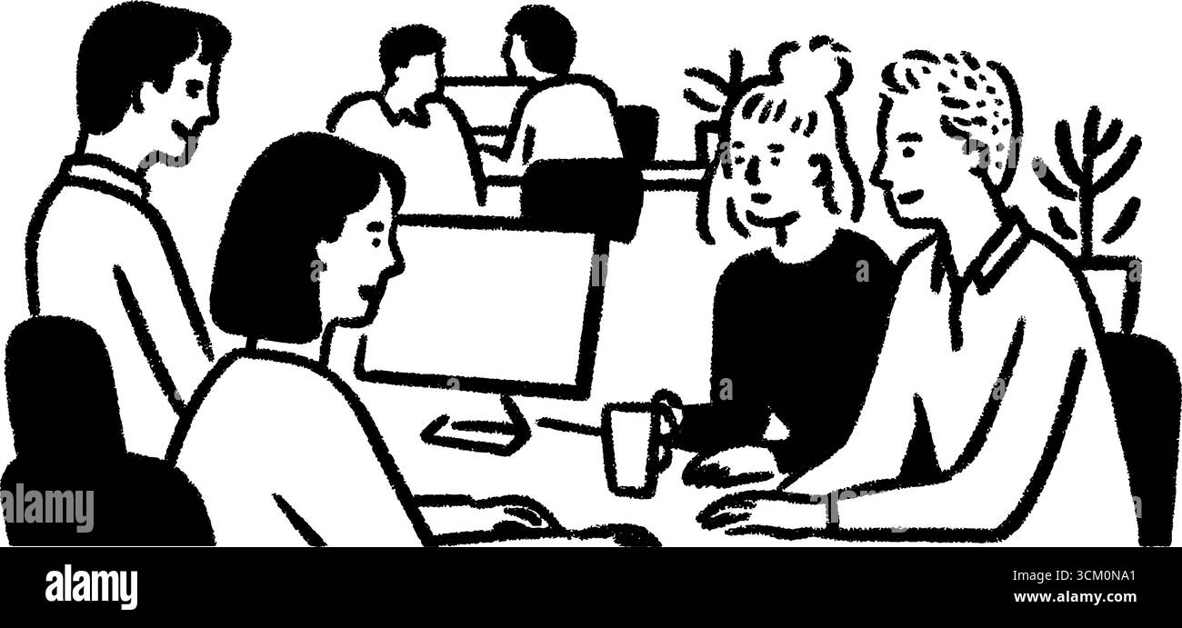 Kollaboratives Arbeitsumfeld in einer ruhigen Großraumbüro-Skizze. Stock Vektor