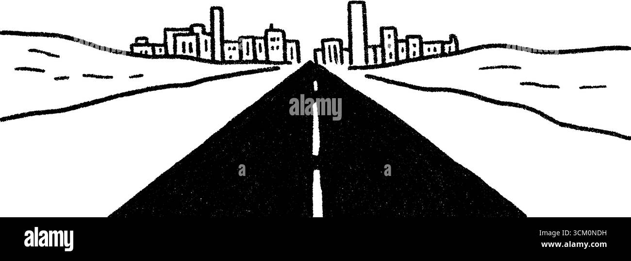 Breite Straße und urbane Schatten: Architekturperspektive in Schwarz-weiß-Zeichnung. Stock Vektor