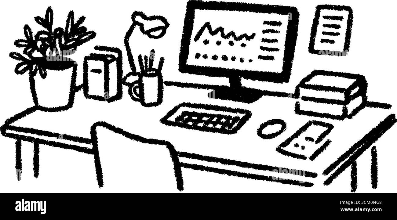 Kreativer Arbeitsbereich eines Datenwissenschaftlers mit Diagrammen auf dem Bildschirm und Grundausstattung auf dem Schreibtisch. Stock Vektor