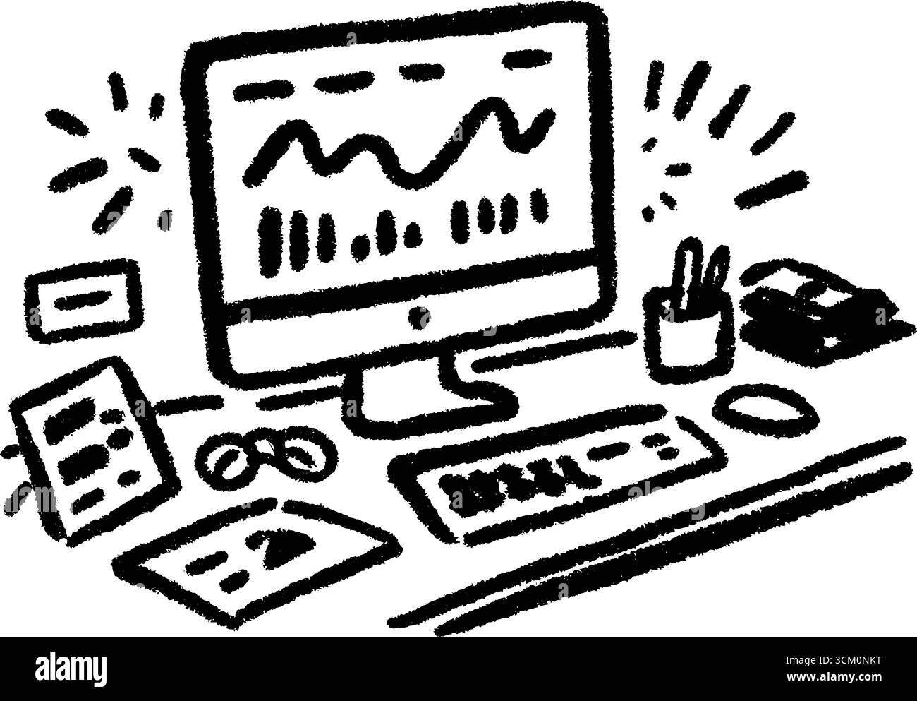 Kreativer Arbeitsbereich mit Graphen-Konzept – Data Scientist Desk Design für innovative Projekte. Stock Vektor