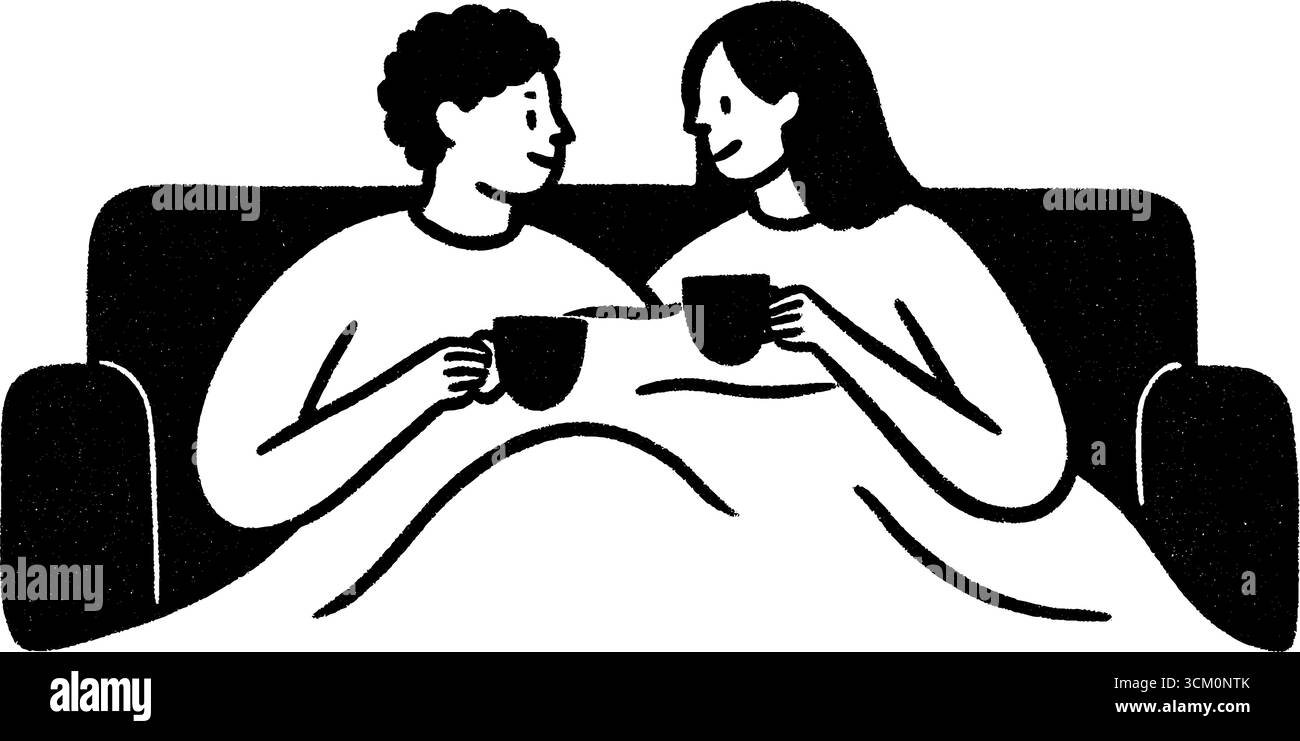 Gemütliches Paar, das warme Getränke genießt und sich unter einer Decke auf einer Couch entspannt. Stock Vektor