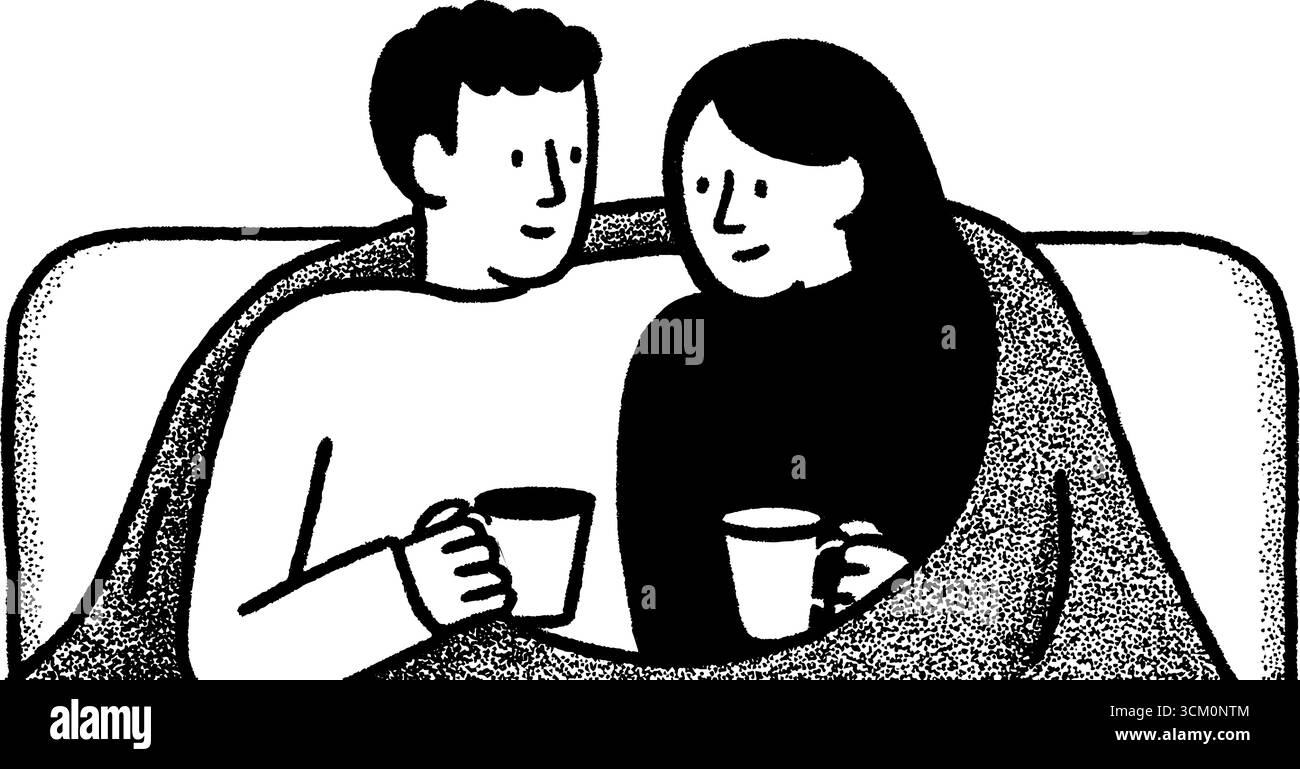 Gemütliches Paar, das sich eine Decke auf der Couch mit warmen Getränken teilt - perfekt für Winter- oder romantische Themen. Stock Vektor