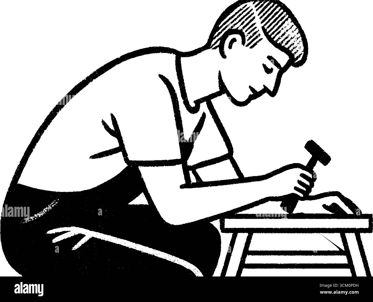 Großvater repariert eine gebrochene Stuhlskizze – handgezeichnetes Konzept für Handwerkskunst und Familienbindung. Stock Vektor