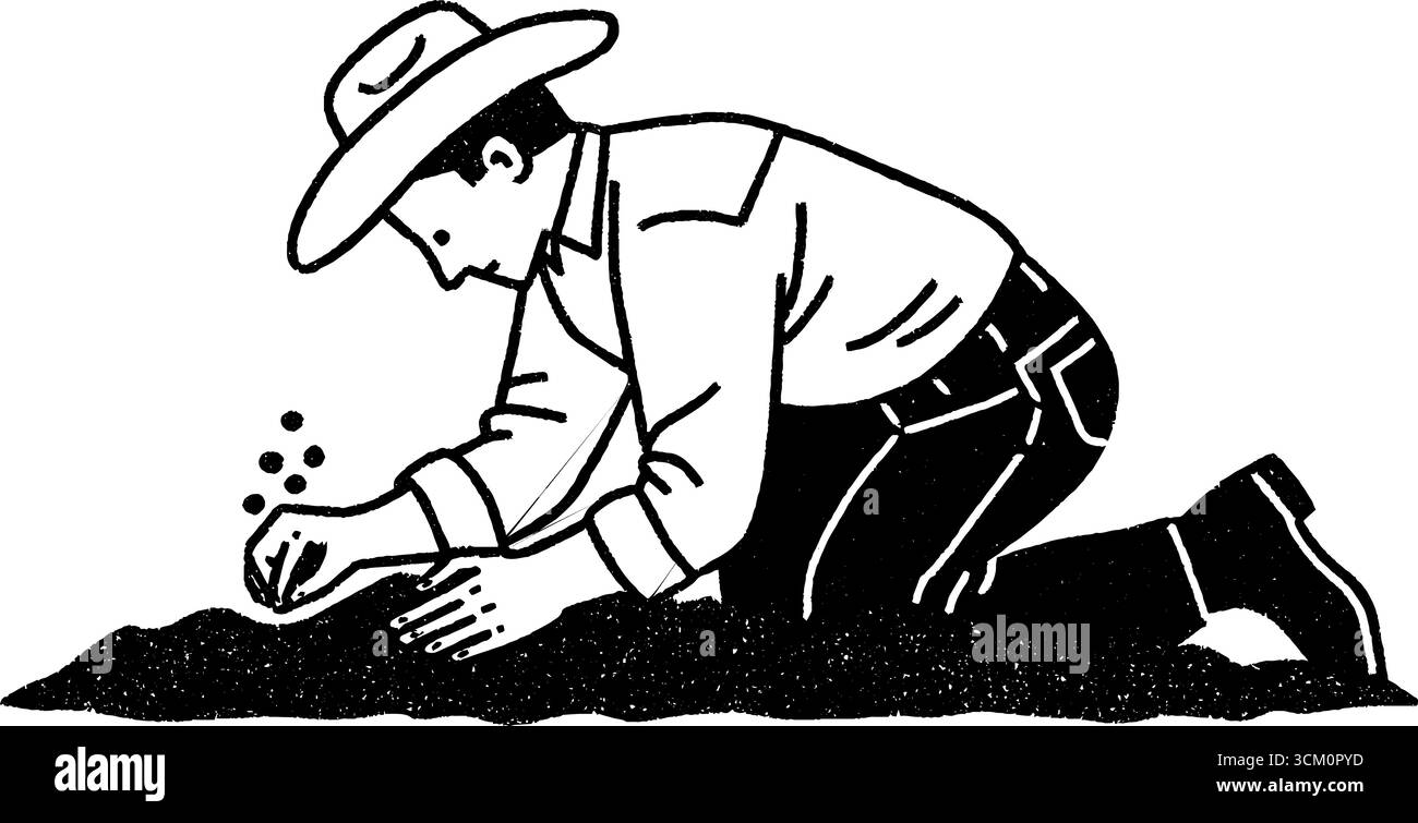 Landwirt pflanzt Samen in frisch gedrechseltem Boden - rustikale Landwirtschaftsszene. Stock Vektor