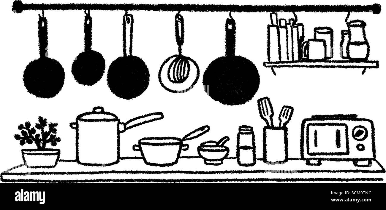 Handgezeichnete Küchenzeile mit kleinen Geräten und Utensilien für Design. Stock Vektor